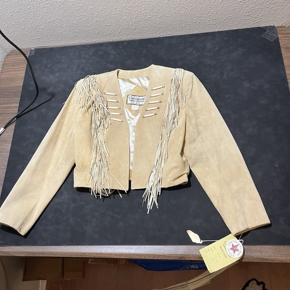 Vintage Continental Leather Fringe Suede Jacket Open Front Western Womens - Picture 3 of 12